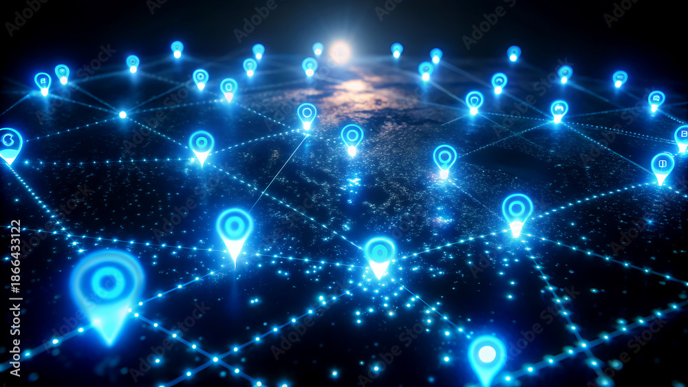 Obraz premium Global Network Connections in Futuristic Neon Blue with Dotted Lines and Pinpoints in Dark Space for Technology