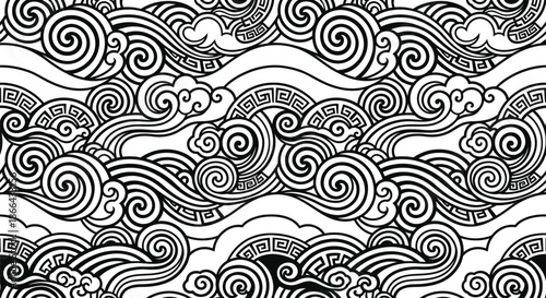 Pattern featuring seamless oriental clouds and geometric ocean waves