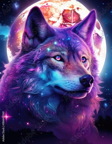 A fairy wolf close up opposite huge moon on night starry sky background