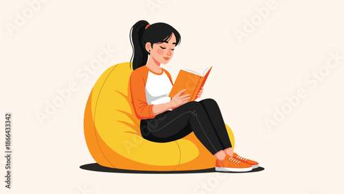 Relaxed woman reading book on yellow bean bag Vector, illustration