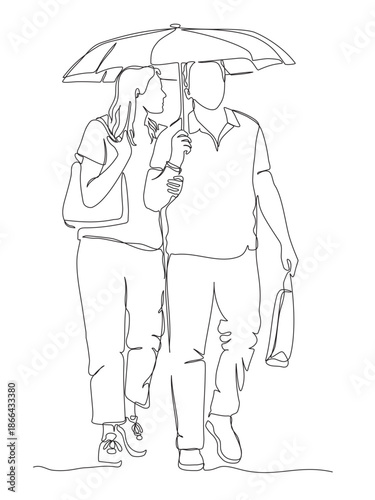 Couple with umbrella talking and walking on rainy weather day. Front view. Continuous line drawing. Black linear vector illustration in line art style.