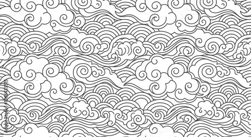 Pattern featuring seamless oriental clouds and geometric ocean waves
