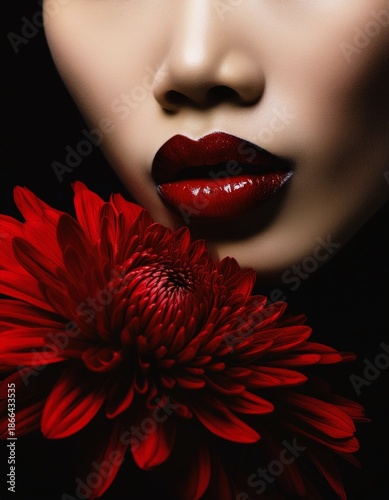 Portrait of pretty young woman with dark red chrysanthemum flowers.