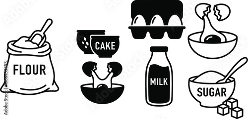 Pancake ingredients set including flour eggs milk and sugar icons