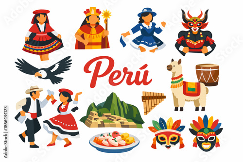 Flat vector illustration of Peruvian cultural icons with clear composition and modern style