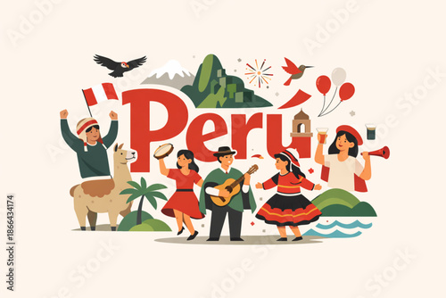 Flat minimal illustration of people celebrating in Peru