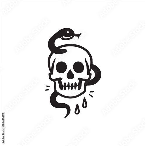 Skull with Snake Dark Tattoo Vector Illustration
