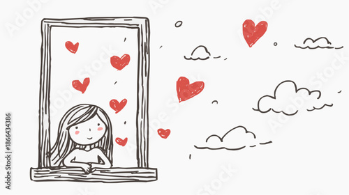 Flat illustration of girl sitting by window with floating hearts and clouds, naive hand-drawn style. Minimal design for love, hope or dreamy concept — ideal for greeting cards or decorative use
