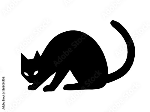 Spooky black cat silhouette with arched back and white glowing eyes crouching in defensive posture isolated on white, classic Halloween symbol of bad luck and superstition