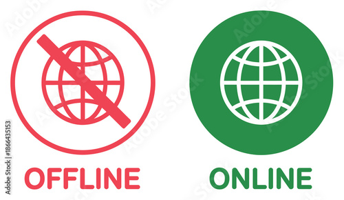 online and offline internet icon in red and green, featuring globe icons with no signal and good signal symbols, perfect for internet connection graphics, network status indicators