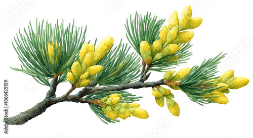 Green pine branch with yellow budding flowers, isolated on a black background
