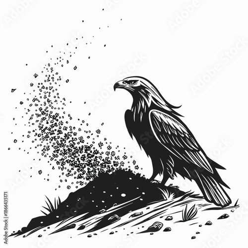 Black Raven Bird Engraving Illustration in Monochrome Style