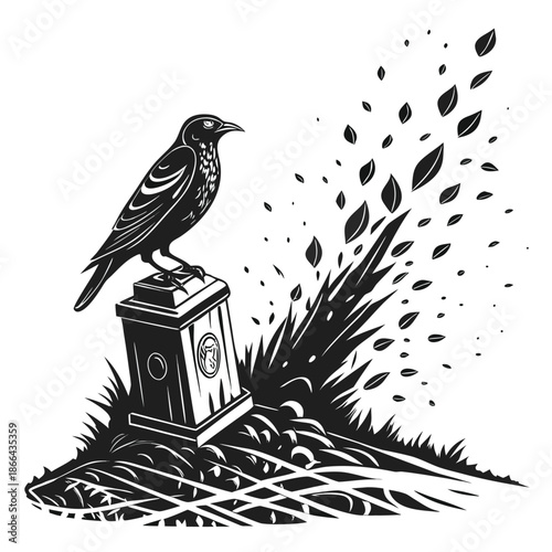 Black Raven Bird Engraving Illustration in Monochrome Style