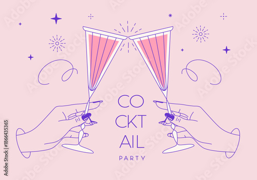 Line art hands with cocktails and firework. Cocktail party. Celebration toast with two cocktail glasses. Vector illustration