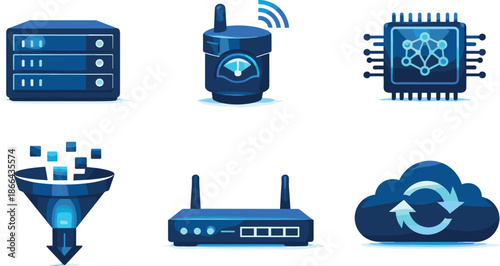 Edge Analytics Symbols. Distributed intelligence composition expressing real-time edge analytics, six symbolic objects arranged in