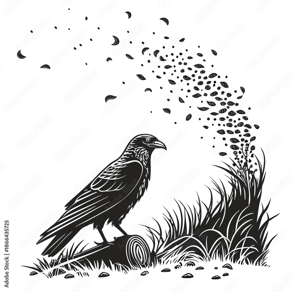 Fototapeta premium Black Raven Bird Engraving Illustration in Monochrome Style