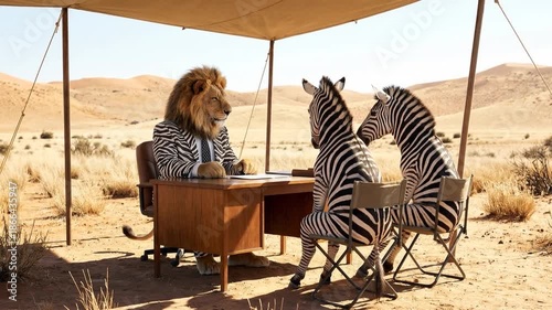 A lion in a zebra suit plays travel agent in the desert, poring over a safari brochure while consulting with two seated zebras on vacation plans