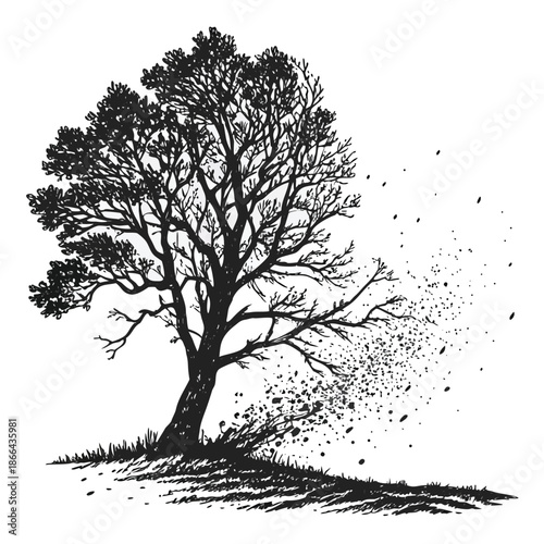 Lonely Tree Engraving Illustration with Falling Leaves in Black and White