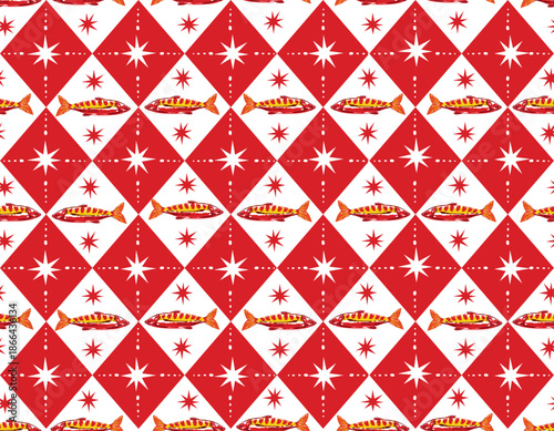 Trendy Seamless pattern. Hand drawn Seafood Mediterranean Sardines  , Doodles mackerel,