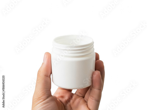 Hand holding white jar isolated on transparent background