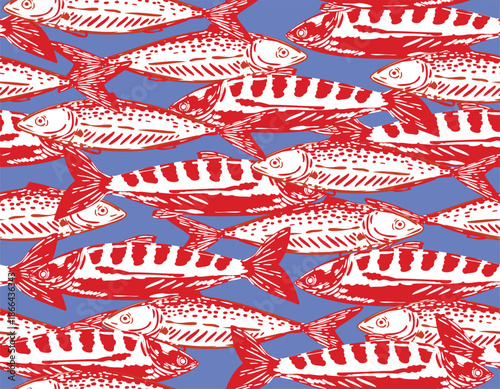 Trendy Seamless pattern. Hand drawn Seafood Mediterranean Sardines  ,