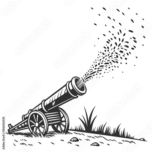 Vintage Cannon Firing Engraving Illustration in Black and White