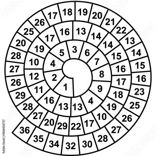 Spiral target with numbered sections and a central circular area