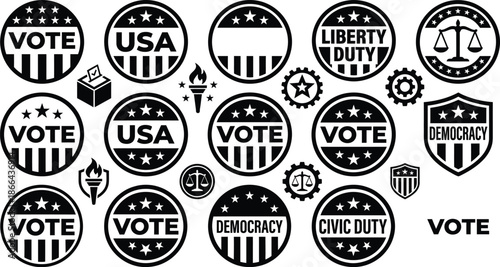 Political campaign badges for American election events on blue background