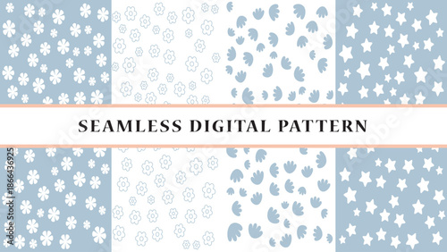 Seamless digital patterns featuring a collection of pastel floral and star designs in soft blue and white hues for creative projects and backgrounds