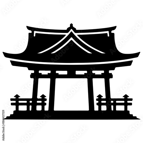 Traditional Asian Temple Gate Vector Icon in Solid Black Silhouette with Pagoda Style Architecture Isolated on White Background