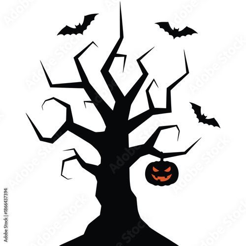 Spooky halloween scene with a bare tree jack o lantern and flying bats