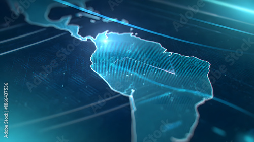 Map showing South America with digital overlay and lines connecting regions in a tech style