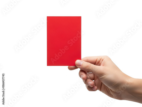 Hand holding red card isolated on transparent background