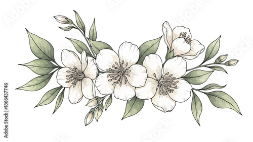Watercolor White Jasmine Flower and Green Leaf Floral Arrangement Illustration
