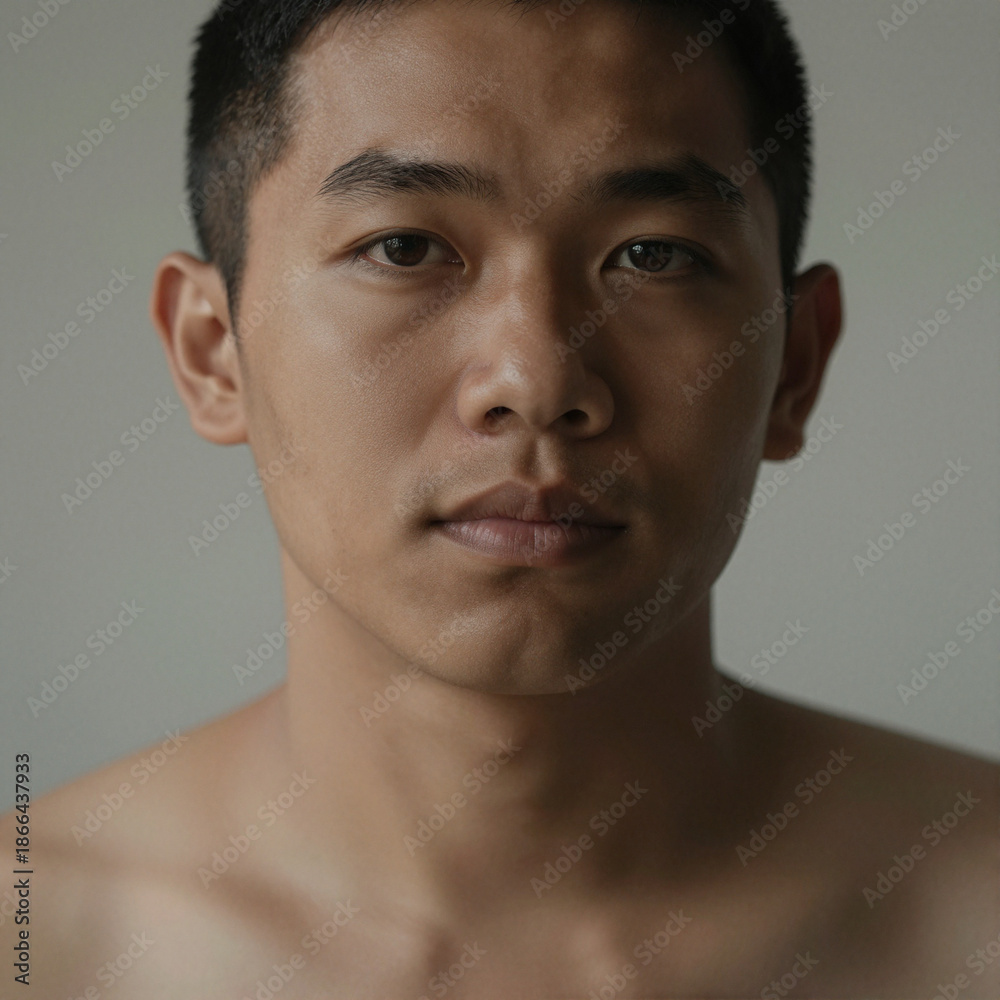 Obraz premium Close-up portrait of a Southeast Asian person with a relaxed expression, detailed skin texture, minimalist background, professional fine-art photography