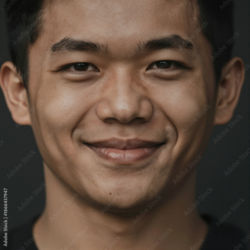 Obraz premium Close-up portrait of a Southeast Asian person with a joyful smile, realistic skin texture, high detail, professional art photography