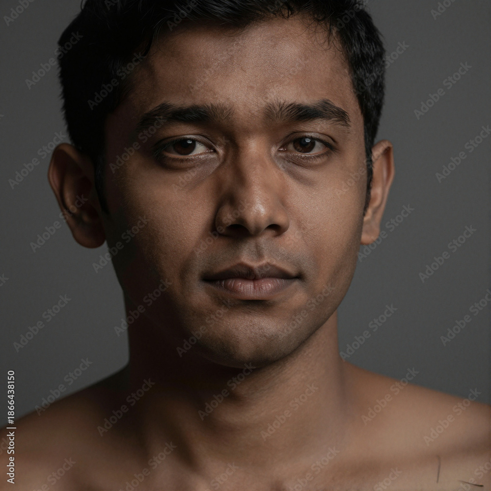Fototapeta premium Portrait of a South Asian man with a subtle mysterious expression under dramatic low-key lighting