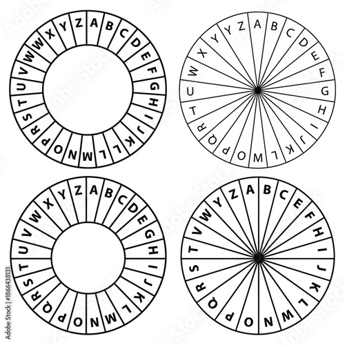 Four circular diagrams displaying alphabets with concentric and radial lines