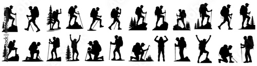 Large Collection of Hiking and Mountaineering Silhouettes, Hand-Drawn with Backpacks and Walking Sticks, Outdoor Adventure and Climbing Icons for Nature Tourism and Wilderness Travel Design
