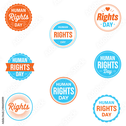 Collection of human rights day badges and logos in blue and brown