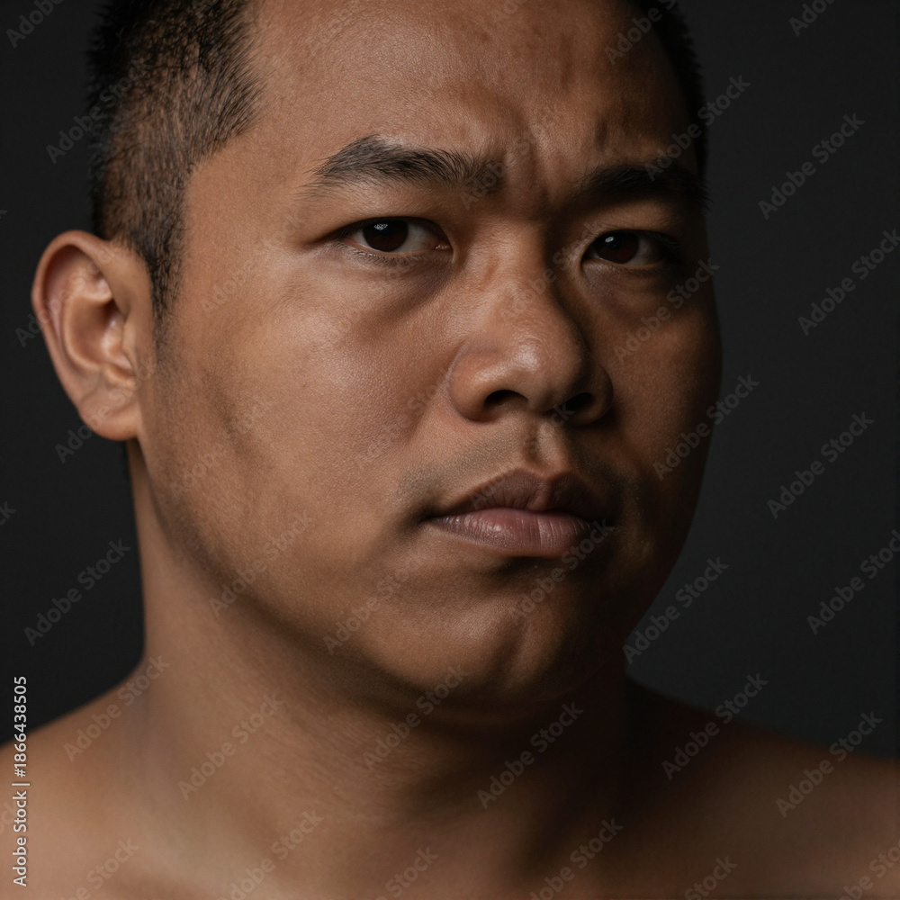 Fototapeta premium Portrait of a Pacific Islander Man with Thoughtful Expression and Dramatic Lighting