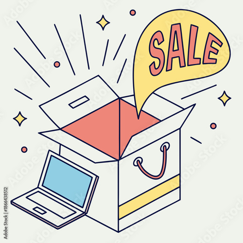 Open cardboard box with a glowing sale effect, creative vector art for unboxing, delivery, and special offer concepts