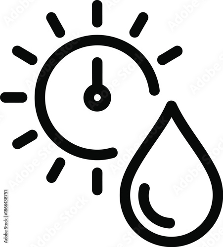 Sunlight, timer and water drop outline icon representing hydration and duration