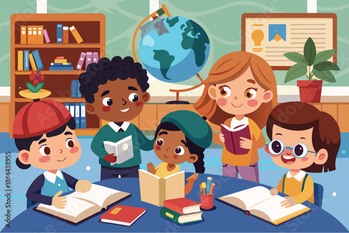 Happy diverse group of children reading books together in a cozy classroom with globe, bookshelves and school supplies