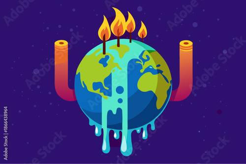 Conceptual illustration of a melting Earth with flames and exhaust pipes symbolizing global warming, climate change and environmental pollution