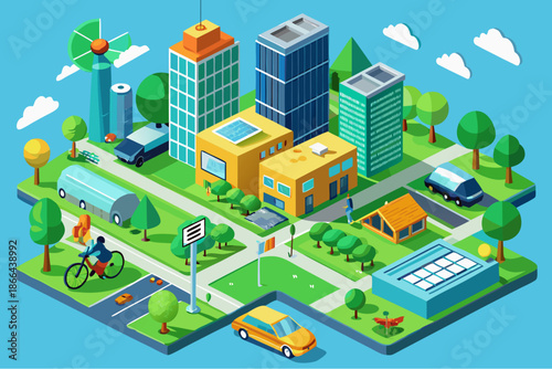 Isometric illustration of a sustainable smart city with green buildings, cycling paths, electric vehicles, trees and renewable energy sources