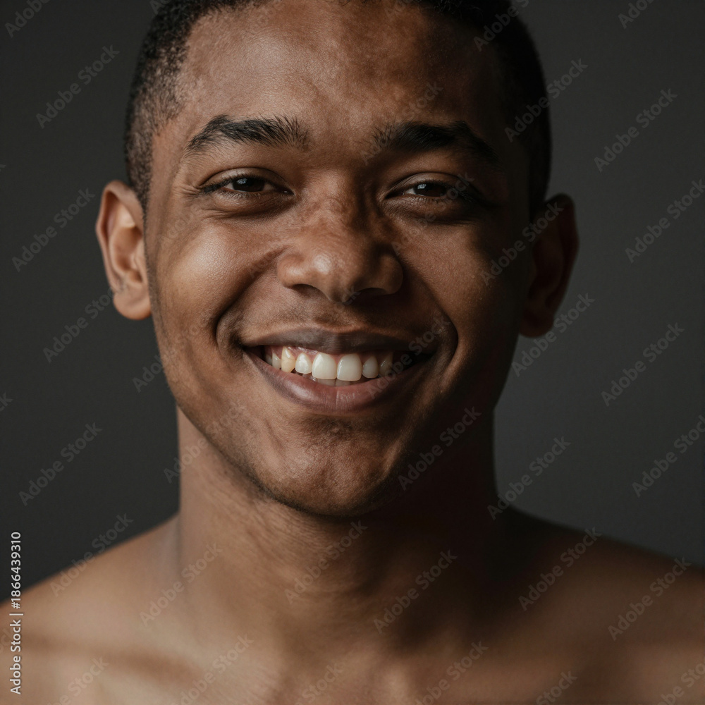 Fototapeta premium Joyful Portrait of a Mixed Ethnicity Person with a Bright Smile and Dramatic Lighting