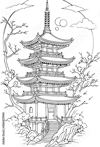 An ancient Japanese pagoda tower stands as a winter celebration illustration in a Tokyo park, featuring traditional architecture and a festive star under a snowy holiday sky