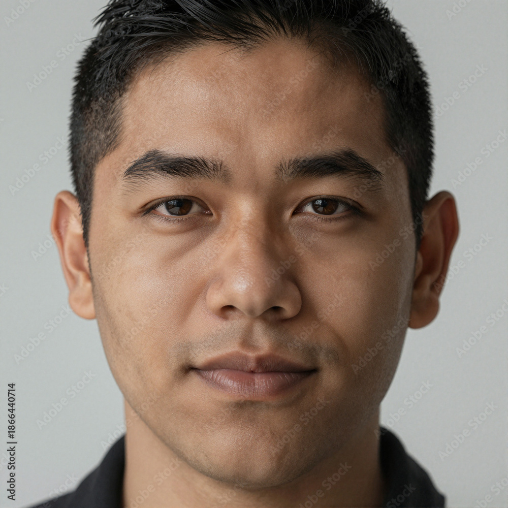 Obraz premium Editorial-style portrait of a Hispanic man with gentle laughter and realistic skin texture