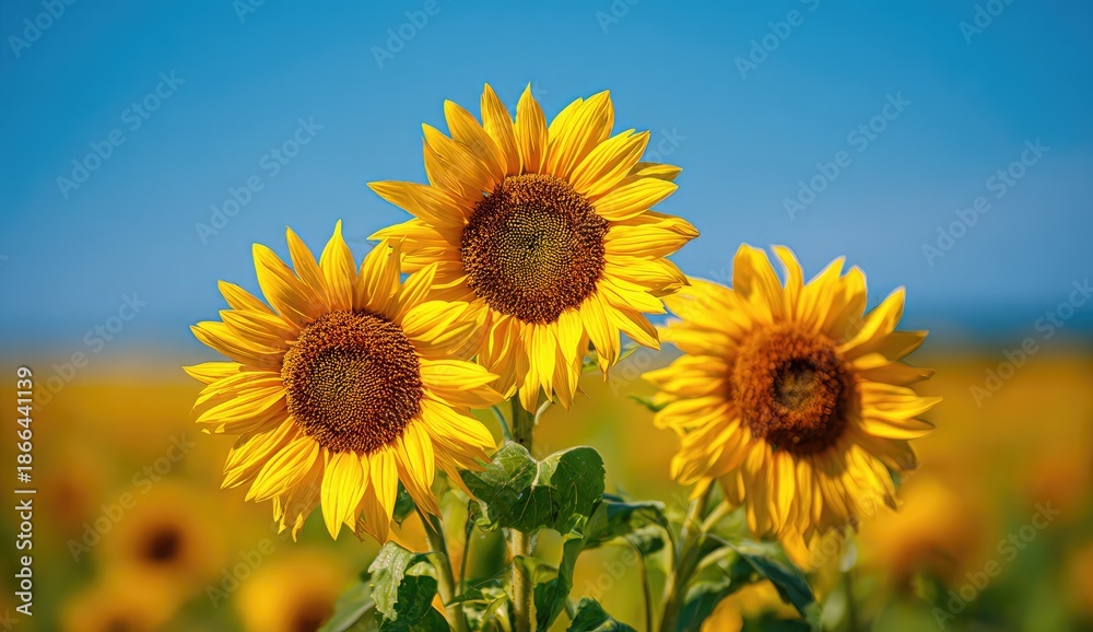 Obraz premium Three vibrant sunflowers stand tall against a clear blue sky, field in background